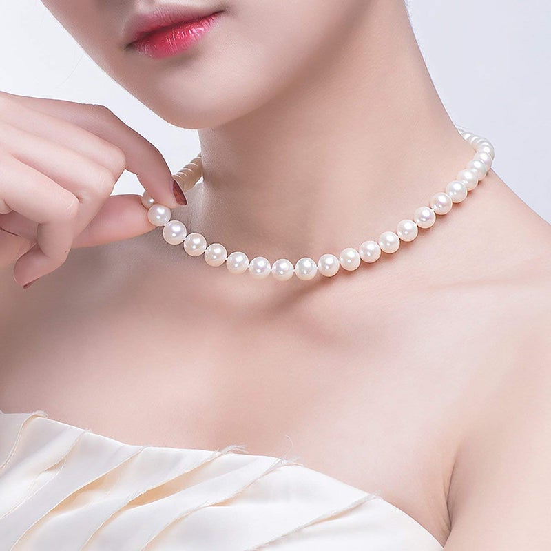 JORA Classic Pearl Necklace 7.5-8mm White Freshwater Cultured Pearls Neklace in Princess Length 18 inch for Women - Image 4